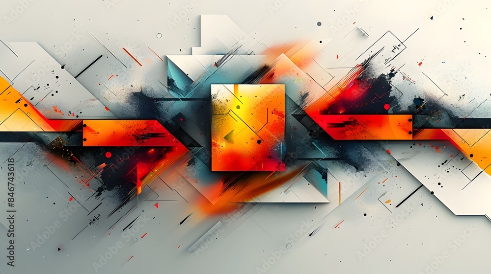 Poster explosive geometric collision of dynamic shapes and colors