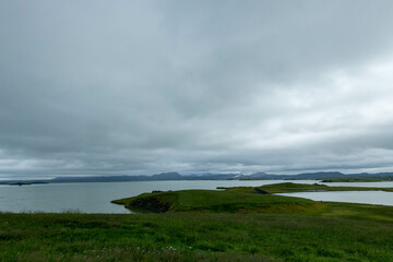 Naklejka premium Iceland Akureyri landscape of the lake on a cloudy day