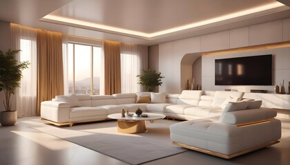High end modern living room with white leather couch and a large flat screen tv mounted on the wall, brutalist architecture mixed with modern futuristic minimal design