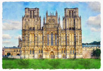 Obraz premium Wells Cathedral, Anglican cathedral in Wells, Somerset, England. Watercolor painting.