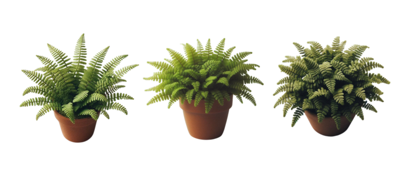 Set of a cluster of miniature ferns planted in a brown pot isolated on transparent