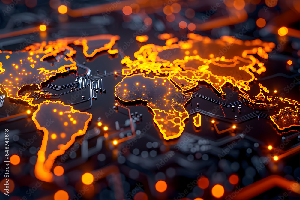 Wall mural glowing circuits in world map shape.