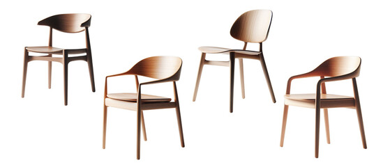 Set of a modern wooden chair with clean lines and minimalist design. Emphasize sleek curves isolated