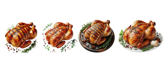 Set of A perfectly grilled chicken, lightly seasoned with herbs isolated