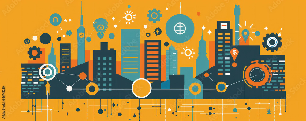 Poster a cityscape with many buildings and a lot of technology. the buildings are in different colors and s