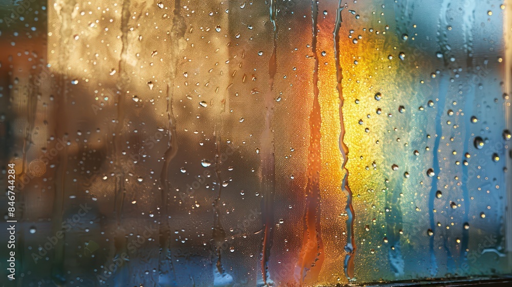 Poster a window with raindrops on it and a rainbow in the background