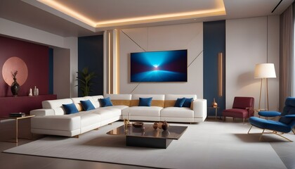 High end modern living room with white leather couch and a large flat screen tv mounted on the wall, brutalist architecture mixed with modern futuristic minimal design
