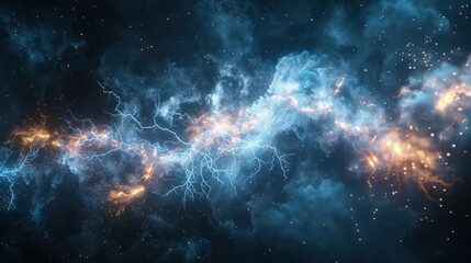 Naklejka premium Dark background with lightning and thunder. Lightning forms the background in a realistic manner. A powerful charge causes many sparks