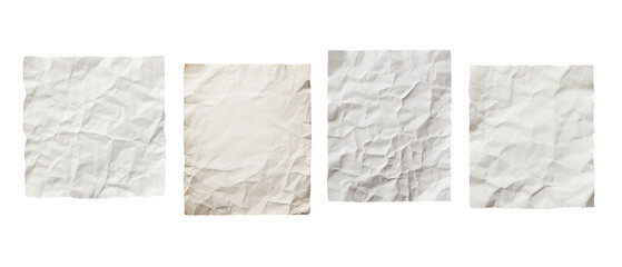 Set of single blank piece of paper with subtle wrinkles isolated on transparent