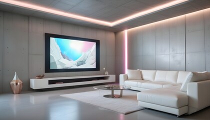 High end modern living room with white leather couch and a large flat screen tv mounted on the wall, brutalist architecture mixed with modern futuristic minimal design