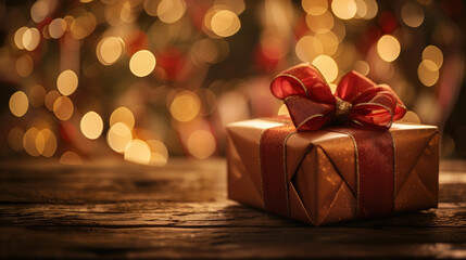 Christmas Gift Box with Festive Lights. A beautifully wrapped Christmas gift box sitting on a wooden surface with warm, glowing festive lights in the background. 
