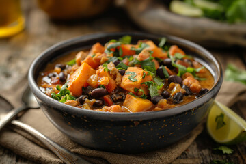 bowl of sweet potato and black bean chili