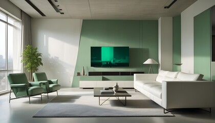 High end modern living room with white leather couch and a large flat screen tv mounted on the wall, brutalist architecture mixed with modern futuristic minimal design