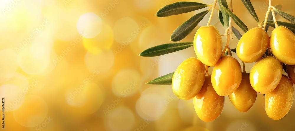 Poster olives on branch with blurred background, ideal for text placement in design projects
