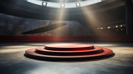 Illuminated circular stage in a modern, empty auditorium with dramatic lighting and shadows, showcasing a futuristic architectural design.