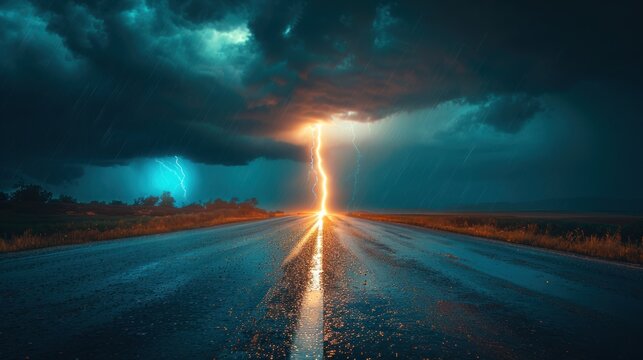 A lightning thunderstorm flash on a road during a storm