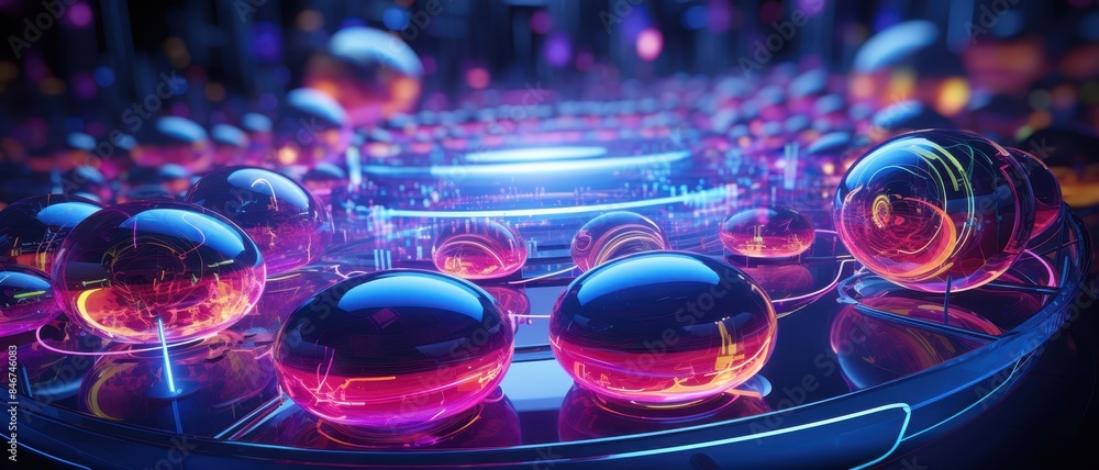 Poster futuristic scene with glowing neon spheres and vibrant lights creating a mesmerizing, high-tech atmo