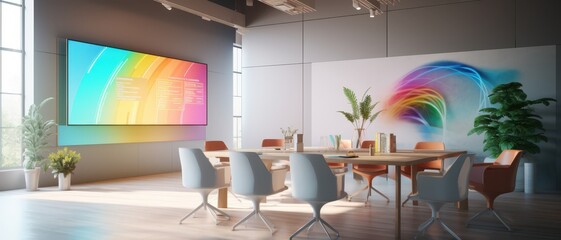 Modern conference room with colorful wall art, stylish furniture, natural light, and plants. Ideal for meetings, presentations, and collaboration.