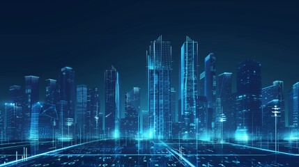 Modern Cityscape with Skyscrapers and Glass Buildings in Blue Shades Symbolizing Innovation and Technology. Representation of Digital Transformation in Real Estate