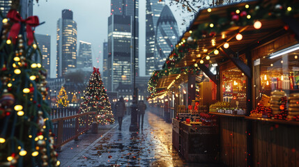 Christmas Market in Evening Cityscape 