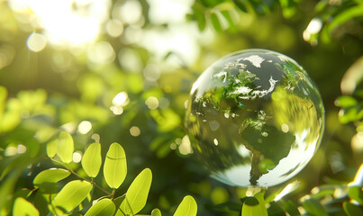 Pianeta Terra di vetro. Sfondo verde per presentazione. Spazio per messaggi. Abbiamo cura del nostro pianeta.