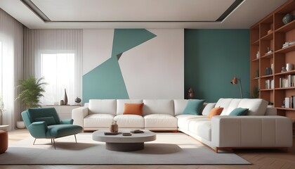 High end modern living room with white leather couch and a large flat screen tv mounted on the wall, brutalist architecture mixed with modern futuristic minimal design