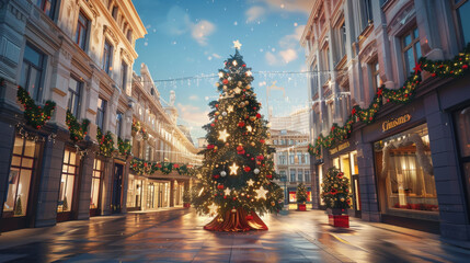 Christmas Tree on Festive Street at Dusk