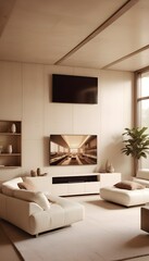 High end modern living room with white leather couch and a large flat screen tv mounted on the wall, brutalist architecture mixed with modern futuristic minimal design