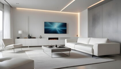 High end modern living room with white leather couch and a large flat screen tv mounted on the wall, brutalist architecture mixed with modern futuristic minimal design
