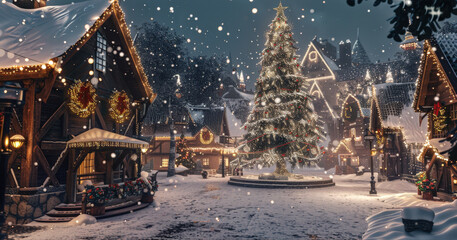 Christmas Eve Village with Snowfall Scene