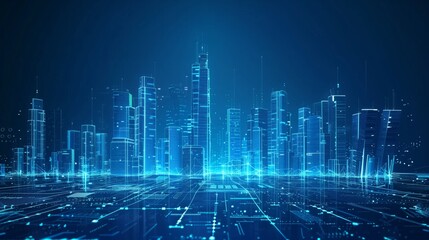 Fototapeta premium Modern Cityscape with Skyscrapers and Glass Buildings in Blue Shades Symbolizing Innovation and Technology. Representation of Digital Transformation in Real Estate