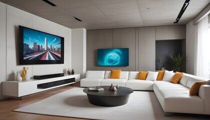 High end modern living room with white leather couch and a large flat screen tv mounted on the wall, brutalist architecture mixed with modern futuristic minimal design