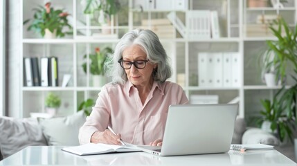 An elderly woman writing notes