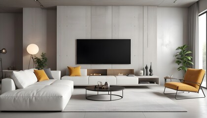 High end modern living room with white leather couch and a large flat screen tv mounted on the wall, brutalist architecture mixed with modern futuristic minimal design