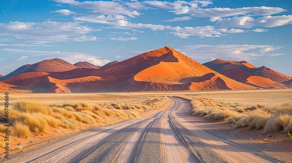 Poster a road in the desert with a mountain in the background