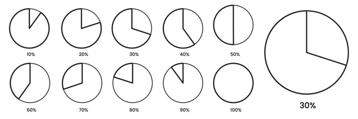 Pie chart color icons. 10 to 100 percent. outline diagram collection. pie chart for infographic, UI, web design, business presentation.