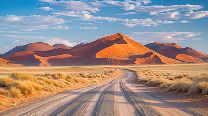 Naklejka premium A road in the desert with a mountain in the background