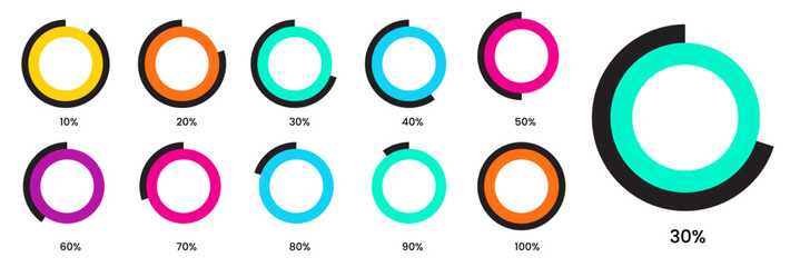 Pie chart color icons. 10 to 100 percent Colorful diagram collection. pie chart for infographic, UI, web design, business presentation.