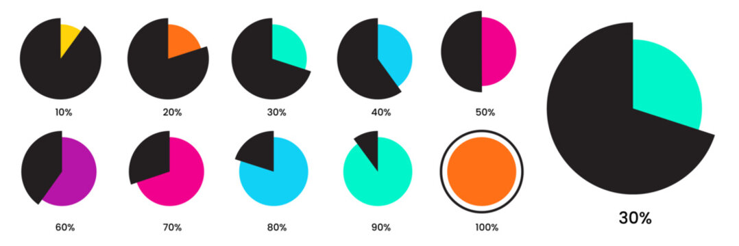 Pie chart color icons. 10 to 100 percent Colorful diagram collection. pie chart for infographic, UI, web design, business presentation.