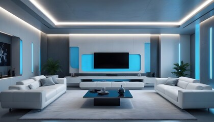High end modern living room with white leather couch and a large flat screen tv mounted on the wall, brutalist architecture mixed with modern futuristic minimal design