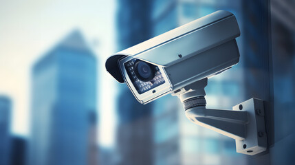 CCTV security camera in a city with business building on background