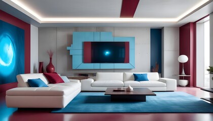 High end modern living room with white leather couch and a large flat screen tv mounted on the wall, brutalist architecture mixed with modern futuristic minimal design