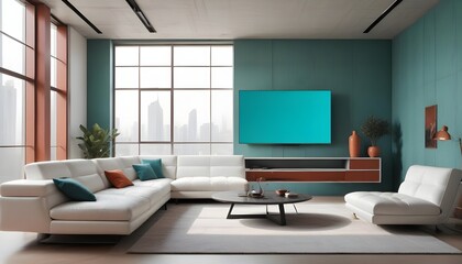High end modern living room with white leather couch and a large flat screen tv mounted on the wall, brutalist architecture mixed with modern futuristic minimal design