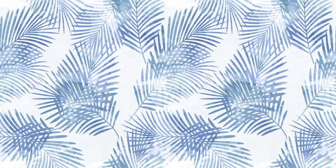 Palm Leaves Pattern. Watercolor tropic leaves seamless vector background, jungle print light blue texture
