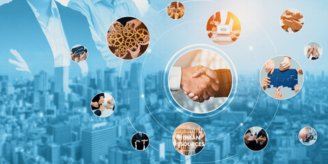 Teamwork and human resources HR management technology concept in corporate business with people...