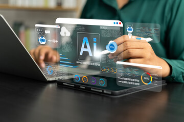 Businessman use artificial intelligence AI technology for enhanced work efficiency data analysis...