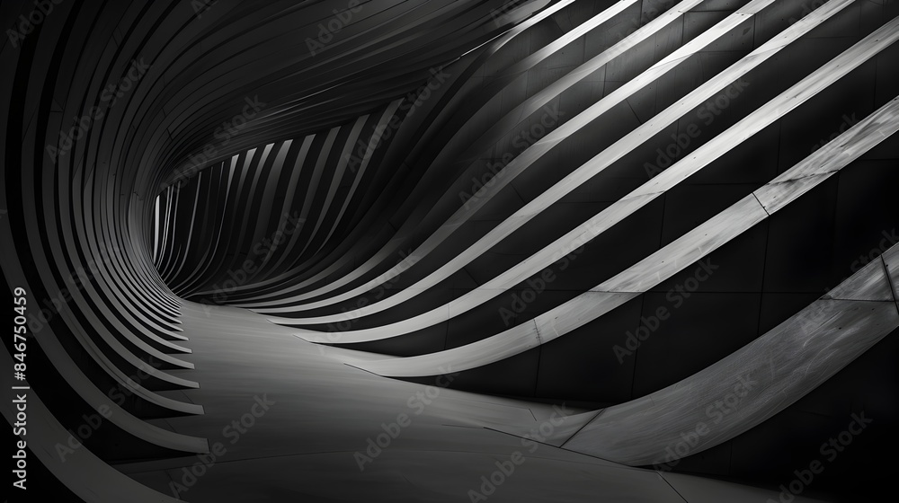 Poster mesmerizing monochrome architectural tunnel with flowing curves and captivating perspectives