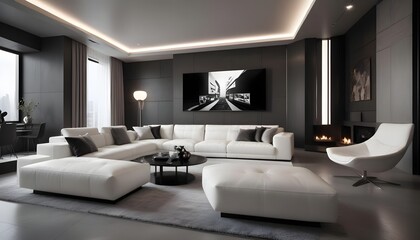 Fototapeta premium High end modern living room with white leather couch and a large flat screen tv mounted on the wall, brutalist architecture mixed with modern futuristic minimal design
