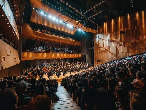 A grand concert hall filled with an audience watching an orchestra perform on stage, showcasing a captivating musical event.