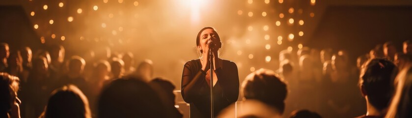 Woman singing passionately on stage with bright lights and an audience, creating an emotional and energetic atmosphere.